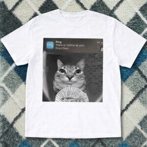 Funny Doorbell Cat Meme Graphic Tee White Internet Humor T-Shirt